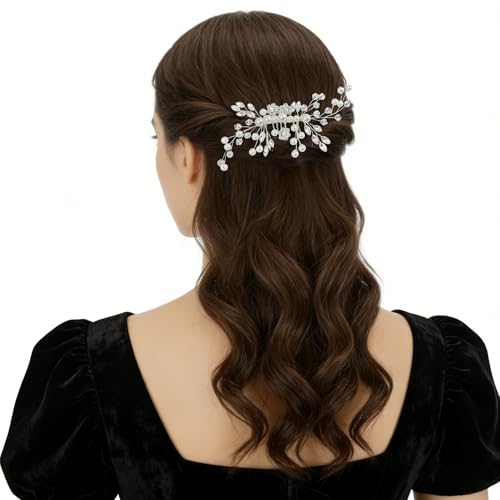 Peine de pelo con cristales y perlas plateado miniatura 3