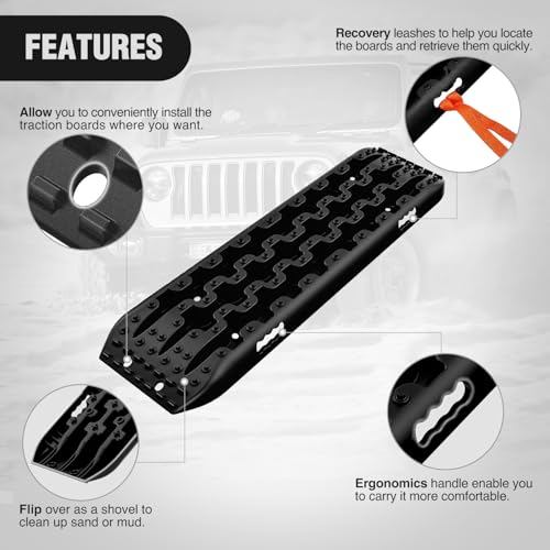 Image of Nilight Recovery Off-road Traction Boards Emergency Tire Ladder Mats For 4WD 4X4 Mud Sand Snow with 2PCS Mounting kit Zipper Bag 2 leashes (Black)