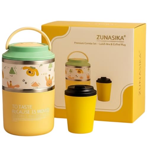 Image of Insulated Stainless Steel 1060ml Lunch Box with 350ml Tumbler | Leakproof Hot Cold Food Container | BPA-Free Cute Tiffin Box for Kids, School, Office, Travel, Picnic Combo (Yellow)