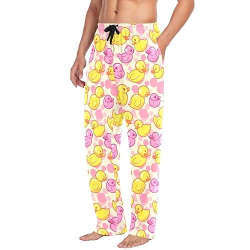 Men's Yellow Pink Ducks Pajama Pants with Pockets - Straight Fit Cotton Sleep Bottoms for Lounge & Nightwear#9704