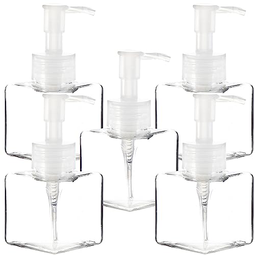 Youngever 5 Pack 4 Ounce Plastic Pump Bottles, Square Refillable Plastic Pump Bottles for Dispensing Lotions, Liquid Soap (Clear with Clear Pump)