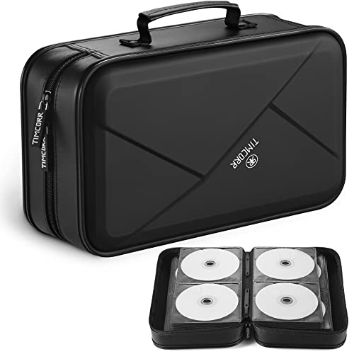 TIMCORR - Funda para CD y DVD, almacenamiento de 144 capacidades, organizador portátil, portafolios de almacenamiento - Carpeta protectora de plástico para viajes en casa (negro)