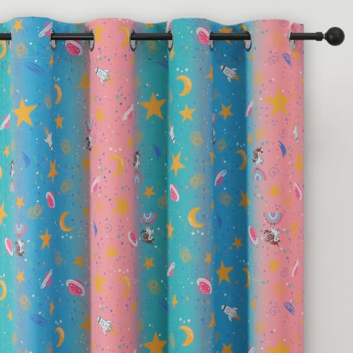Image of Pink Teal and Blue Star & Moon Blackout Curtains for Girls Bedroom,38Wx63L