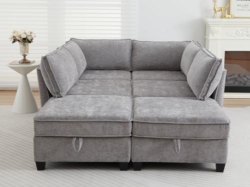 Image of ORRD Sleeper Modular Sectional Sofa Set, Convertible Couch Bed with Storage, 6 Seater and 4 Armrestes Sofa Modular for Living Room, Office (Grey)