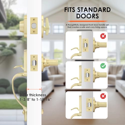 Image of Haidms Gold Front Door Handle and Deadbolt Set, Front Door Lock Set, Gold Entry Door Locksets with Deadbolt Single Cylinder, Exterior Door Handle with Reversible Handle Lever