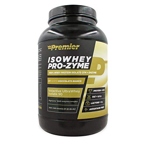 Premier Integratori Isowhey Pro-zyme | proteine del siero di latte isolate Volactive® Ultrawhey Isolate 90 | fonte proteica maggiore del 90% | Senza aspartame - (Cioccolato bianco, 900 gr)