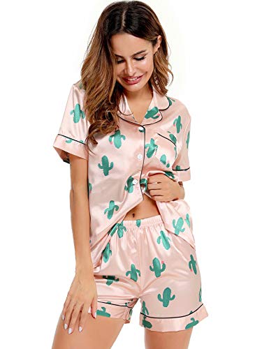 Image of SWOMOG Womens Silk Satin Pajamas Set Short Sleeve Sleepwear Button Down Top and Shorts Loungewear 2 Piece Pjs Set XS-3XL