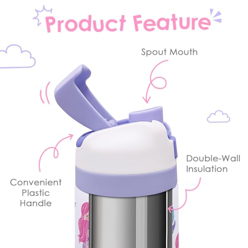 Image of Mermaid Kids Insulated Stainless Steel Water Bottle 16 Oz, Travel Tumbler for School, Sports for Girls, Birthday, Back To School