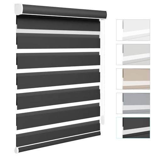 Changshade Custom Size Zebra Blinds for Indoor Window Free-Stop Blackout(85%) Zebra Shades Dual Layer Sheer Shades for Office Home Living Room, Bedroom, Easy Installation，Black-A