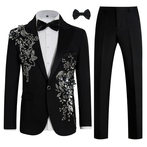 Men's 2 Piece Luxury Suits for Men 3D Flower Appliques Jacket Pant with Black Bow Tie for Wedding Prom Party