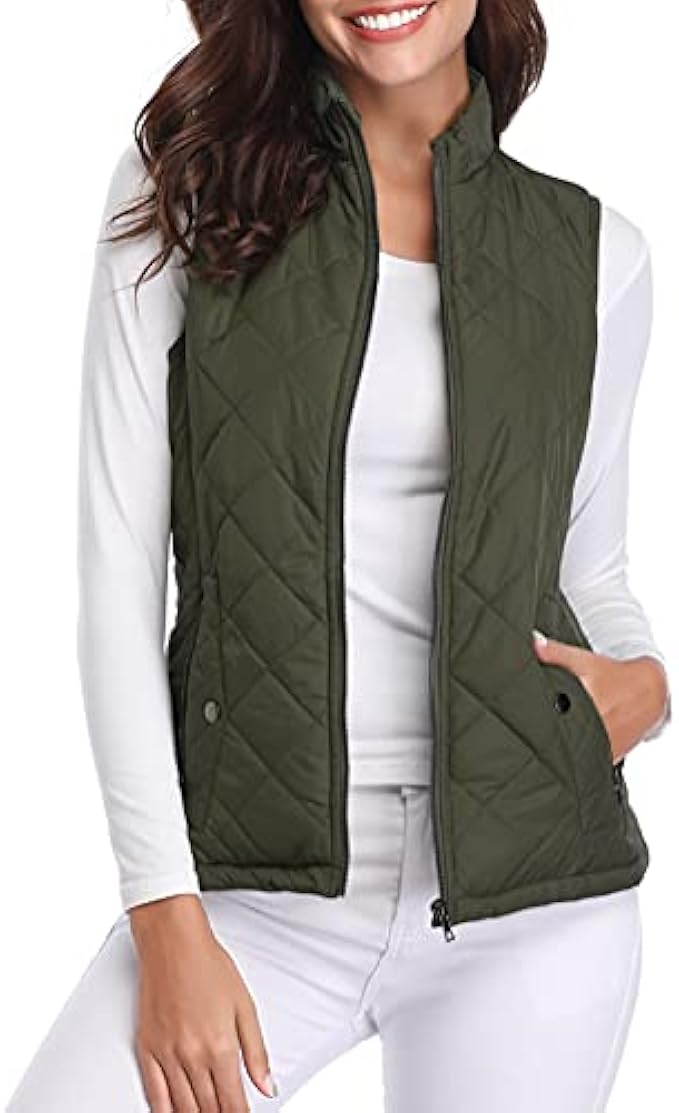 Fuinloth Women's Quilted Vest, Stand Collar Lightweight Zip Padded Gilet