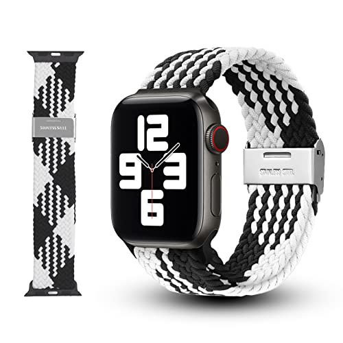 Bracelets Tressé Compatibles avec Apple Watch 42/44/45mm Femmes Hommes, Bracelet de Remplacement en Nylon Réglable Élastique Sport pour Apple Watch SE/iWatch Series 7 6 5 4 3 2 1(Z Motif Noir Blanc) Cover