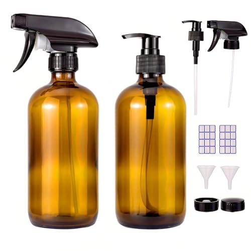 JIUWU 2 Pack 500ml 16.9oz Amber/Brown Glass Spray Bottles, Thickened, Refillable Empty Bottles for Cleaning Solutions, Essential Oils, Hair, Plants, Adjustable Nozzle for Squirt/Mist, Funnel, Label - Main Image