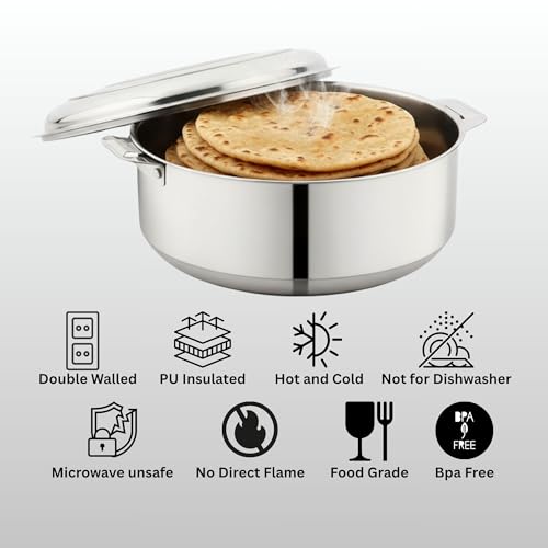 Image of Stainless Steel Hotpot with Lid, 2.5 Liter (20 cm Diameter), Double Wall Insulated, Keeps Food Hot & Fresh, Durable Heavy Duty, Ideal for Rice, Curry, Biryani, Chapati - Silver