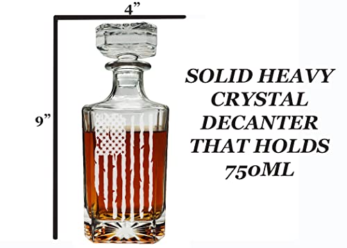 Tattered Worn American US Flag USA Patriotic Whiskey Decanter With Airtight Glass Stopper Custom Gift For Men Dad Veteran Father\'s Day