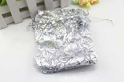 Image of 100 Pack 3.5 x 4.7 Inch Organza Jewelry Gift Pouch B921, White White Flower | Candy Pouch, Drawstring, Wedding Favor Bags