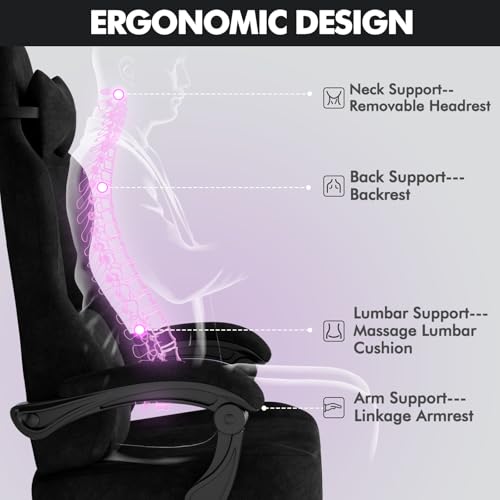 Image of Soontrans Black Velvet Fabric Gaming Chairs with Footrest, Ergonomic Comfortable Video Gamer Chair, Reclining Office Computer Desk Game Chairs with Massage Lumbar Cushion,Headrest for Adult