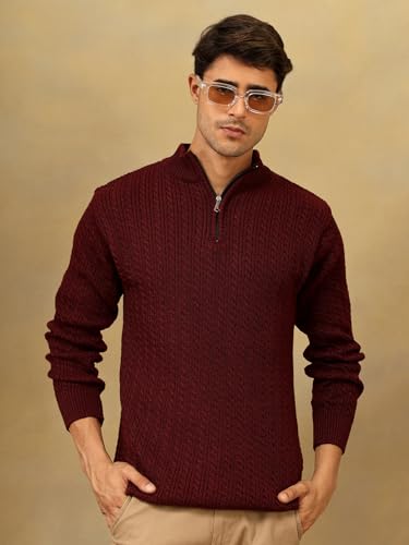 Image of Kvetoo Men's Full Sleeve High Neck Zipper Sweater| Warm Cable Knit Quarter Zip Pullover | Wool Winter Sweater for Casual & Office Wear