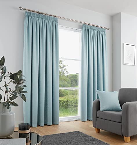 Fusion Duckegg Blue Pencil Pleat Curtains W46 x L54 (117 x 137cm), Blue Curtains for Living Room and Bedroom, Door Curtain, Pleated Curtains & Drapes, Blue