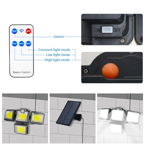 JESLED Solar Lights Outdoor, 192-Chip & Remote 3000LM 4-Head Motion Sensor Security Light, 2400mAh, 3 Modes, IP65 Waterproof, for Garden, Garage, Pathway