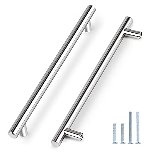 Image of Probrico Polished Chrome Cabinet Pulls Kitchen Hardware, Round Bar Pulls for Cabinet Doors Euro Style Drawer Pulls Stainless Steel Handles for Bathroom Bedroom, 10 inch Hole Centers, 12 Pack