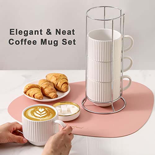 Hasense Ceramic Coffee Mugs Set of 4 with Rack - 15 oz Stackable Large Porcelain Ribbed Latte Cup Set for Cappuccino, Tea, Hot Cocoa, Drinks - Dishwasher & Microwave Safe, White - Image 3