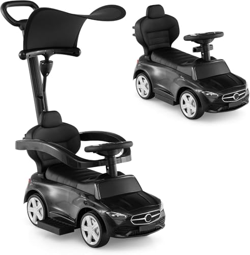Image of Licensed Mercedes Benz Push Car for Toddlers by INFANS, 3 in 1 Sliding Walking Car with Push Handle, Horn, Music, Underneath Storage, Foot-to-Floor Ride on Toys for Boys Girls, Black