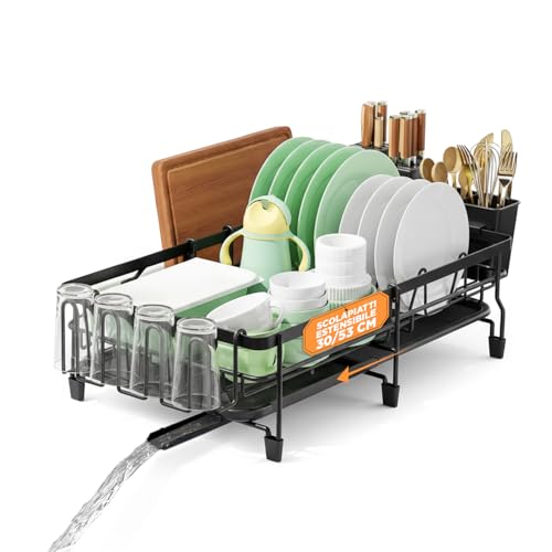 Avilia Scolapiatti da Appoggio Estensibile 32-53 cm - Scola Piatti Antiruggine con Vassoio Raccogligocce e Beccuccio di Scarico - Include Portaposate Rimovibile - Organizer Cucina Moderno Salvaspazio