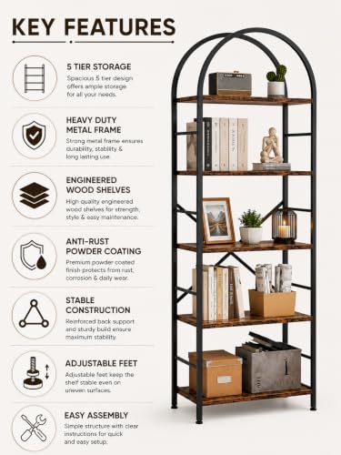 Image of HOME CUBE 5-Tier Standing Shelf Unit, Freestanding Storage Rack with Wooden Shelves & Metal Frame, Microwave Stand, Kitchen Organizer, Bookshelf, Multipurpose Storage, Arched Top Design- 60x30x170cm