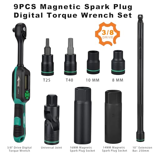 Image of AEROFORCE 9PCS Magnetic Spark Plug Socket Set with a 3 /8 inch Drive Digital Torque Wrench (6.8-135Nm), Includes 12-Point 14mm & 16mm Spark Plug Sockets for Cars, Motorcycles, lawnmowers