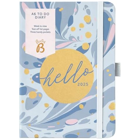 Busy B 2025 Diary A6 Weekly Planner with To-Do Lists & Notes Pages – Compact Blue Marble Journal - Week-to-View Layout, 3 Pockets & Year Planner Cover