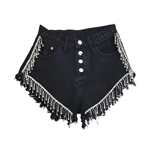 Short en denim noir à franges et strass taille haute pour femme XL