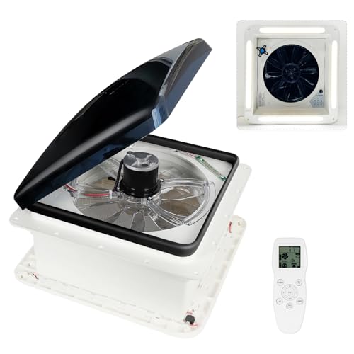 OUTPRIZE Ventilador de techo con control remoto mejorado con luz LED, 12 V CC de 14 pulgadas, ventilador de techo súper silencioso con sensor de lluvia, 10 velocidades, reversible