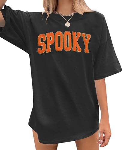 QLIPIN Halloween T Shirts for Women Oversized Spooky Season Shirt Retro Stay Spooky Graphic Casual Short Sleeve Tees Gray