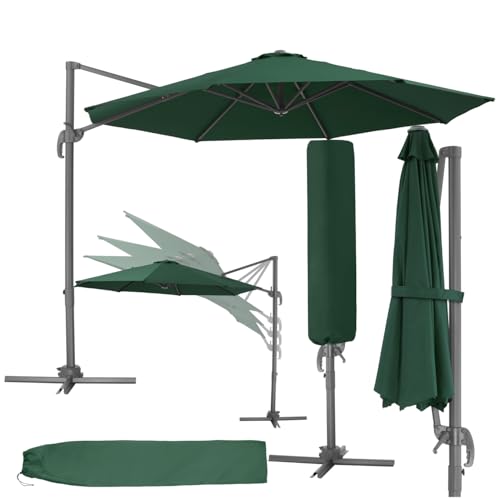 tectake® Ampelschirm Sonnenschirm groß mit Schutzhülle, Ø 300 cm, höhenverstellbar, klappbar, mit Fußpedal und Kurbel, UV-Schutz 50+, Gartenschirm, zur Terrassenüberdachung oder für Balkon - grün