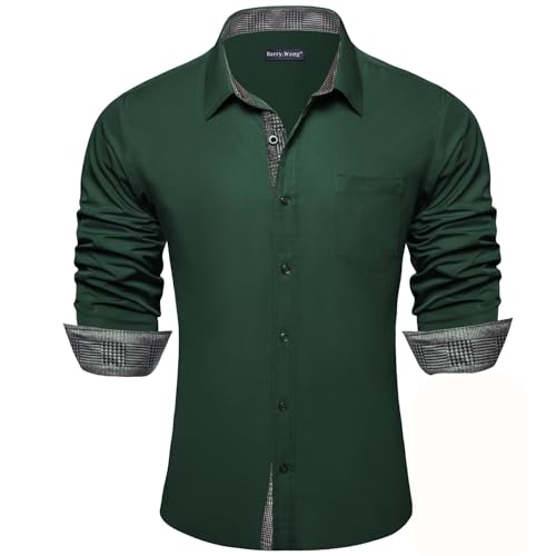 Barry.Wang Dark Emerald Green Dress Shirt for Men Hunter Forest Green Long Sleeve Checkered Cowboy Casual Western Formal