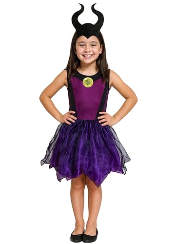 Fantasia Infantil Bruxa Malévola Criança Halloween Vestido Roupa Bruxinha com Chapéu (Roxo, P (veste 2 a 3 anos))