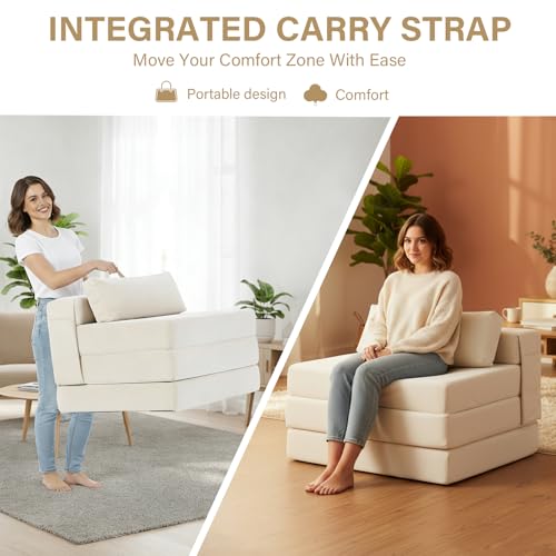 Image of Tiita Folding Sofa Bed Chair, 4-Fold Convertible Sleeper Chair with Lumbar Pillow, Washable Cover & Side Pocket, Floor Couch Bed with Raised Seat, Single Size for Small Spaces, Beige
