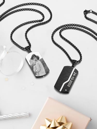 Jovivi Personalisierte Dog Tag Halskette mit Foto und Textgravur Fotoanhänger Beidseitig Gravur Edelstahl Hundemarke Kette Memorial Anhänger Kette personalisiertes Geschenk für Damen Herren (Silber)
