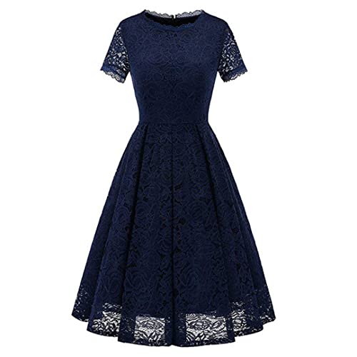 Damen O-Ausschnitt A Linie Swing Spitze Kleid Sommer Kurzarm Hochzeit Party Wear, dunkelblau, Medium
