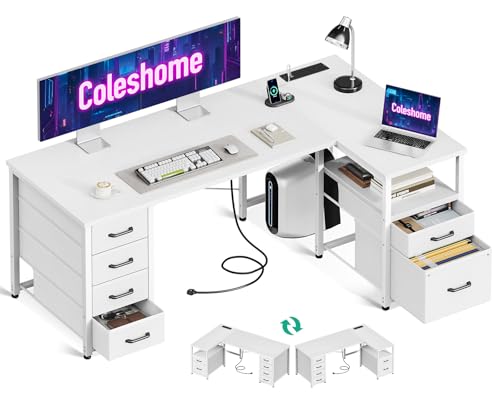 Coleshome 140cm Computer Corner Desk with 1 Filing Cabinet and 5 Fabric Drawers, L Shaped Office Desks with Power Outlet, White PC Table with Storage, Reversible Study Table for Bedroom