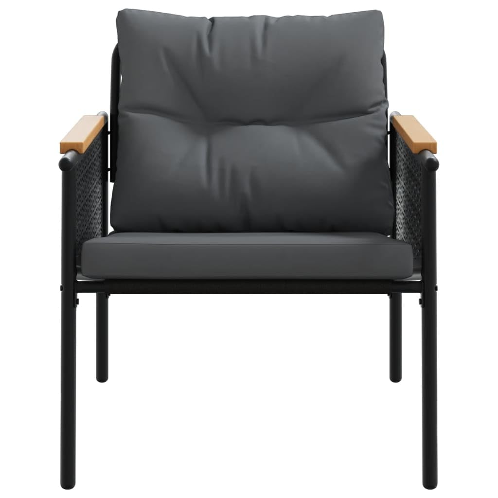 Set di 2 Sedie da Giardino con Cuscini e Braccioli in Teak, Nere | Poltrone da esterno per terrazzo e patio con solido telaio in acciaio, seduta traspirante e imbottitura sfoderabile.