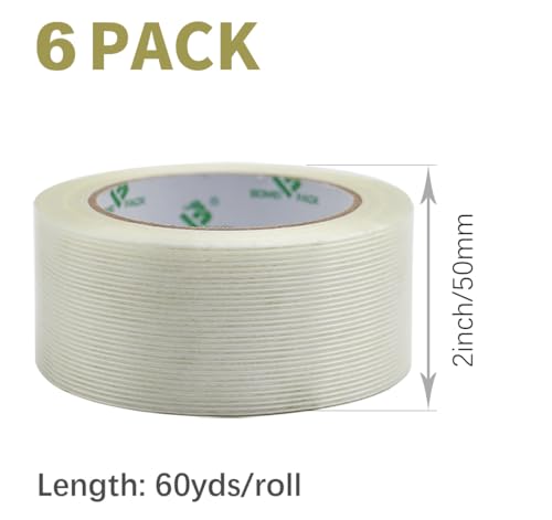 Image of BOMEI PACK 6PACK Reinforced Packing Tape, 5.5Mil 2Inx 60Yds, Heavy Duty Fiber Strapping Adhesive Packaging Tape