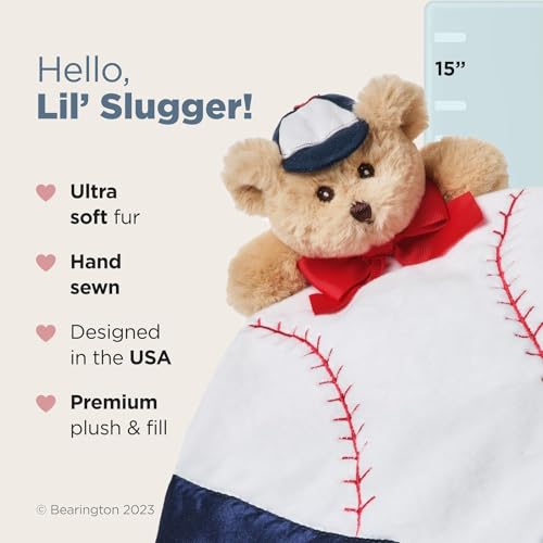 Bearington Lil’ Slugger Snuggler Plush Baseball Lovey - 15" Soft Velour and Satin Baby Security Blanket for Boys - Cute Baseball-Themed Stuffed Animal Lovey, Infant Snuggle Toy