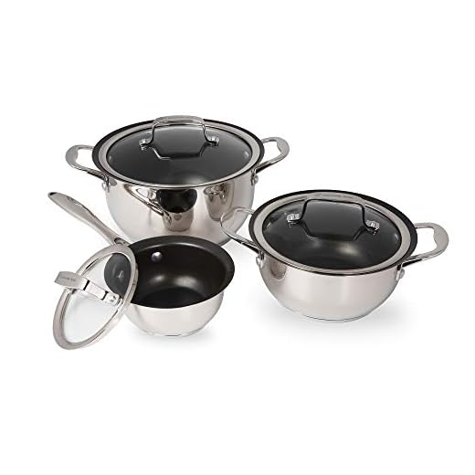 Wolfgang Puck 6-Piece Stainless Steel Pots and Pan Set; Scratch-Resistant Non-Stick Cookware, Clear Tempered-Glass Lids, Cool Touch Handles, Extra-Wide Rims for Easy Pouring