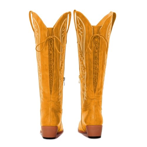Image of Uillnoodu Wide Calf Cowboy Boots Women Adjustable Lace Up Knee High Tall Plus Size Cowgirl Boots Western Style Comfortable 2-Inch Heel