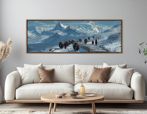 Toile murale yaks et montagnes enneigées (30x90 cm) : peinture paysage de caravanes tibétaines