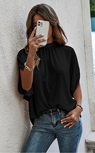 Angashion Womens Tops, Short Sleeve Casual Summer Top Solid Color Self Tie Loose Fit Drape Tunic Blouses Shirts4