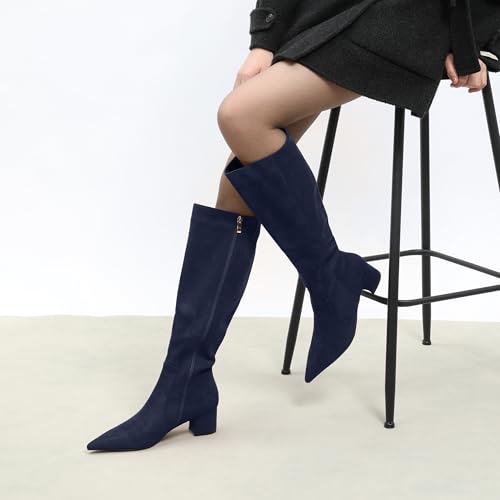 NUMALEO Womens Suede Zip Solid Fashion Party Pointed Toe Chunky Low Heel Knee High Boots 2 Inch4
