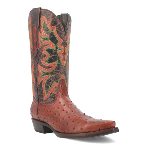 Dingo Mens Outlaw Embroidered Ostrich Print Snip Toe Pull On Casual Boots Mid Calf - Brown2